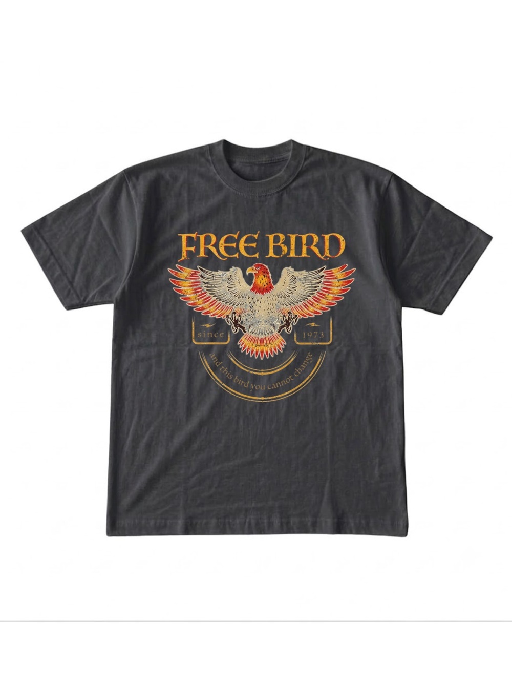 Gildan Free Bird Graphic Tee in Charcoal with Red and Gold Bird Design